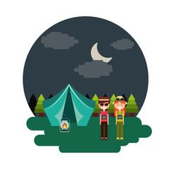 Obraz na płótnie Canvas couple tent camping burning night landscape vector illustration