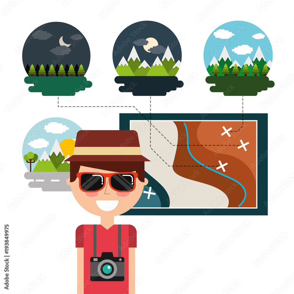 Sticker traveler man with map destination vacations landscape different scene vector illustration