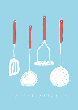 red handled kitchen utensils on blue clip art preview