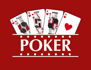 four playing hearts cards poker banner red background vector illustration