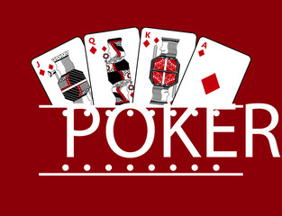 four playing diamond cards poker banner red background vector illustration