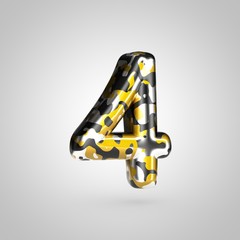 Fototapeta premium Camouflage number 4 with golden, silver and black camouflage pattern isolated on white background.