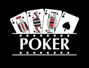 four playing spade cards poker banner black background vector illustration