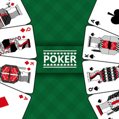 cards gambling play poker and checkered green background vector illustration