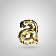 Camouflage letter A lowercase with golden, silver and black camouflage pattern isolated on white background.