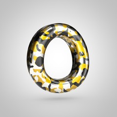Camouflage letter O uppercase with golden, silver and black camouflage pattern isolated on white background.