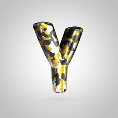 Camouflage letter Y uppercase with golden, silver and black camouflage pattern isolated on white background.