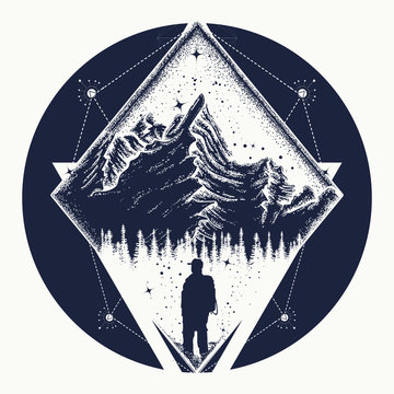 Tourist in the mountains t-shirt design. Symbol of climbing, camping, great outdoors, tourism, adventure, meditation. Mountain triangular style tattoo art