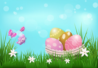 Eggs in the basket and butterflies Easter day background