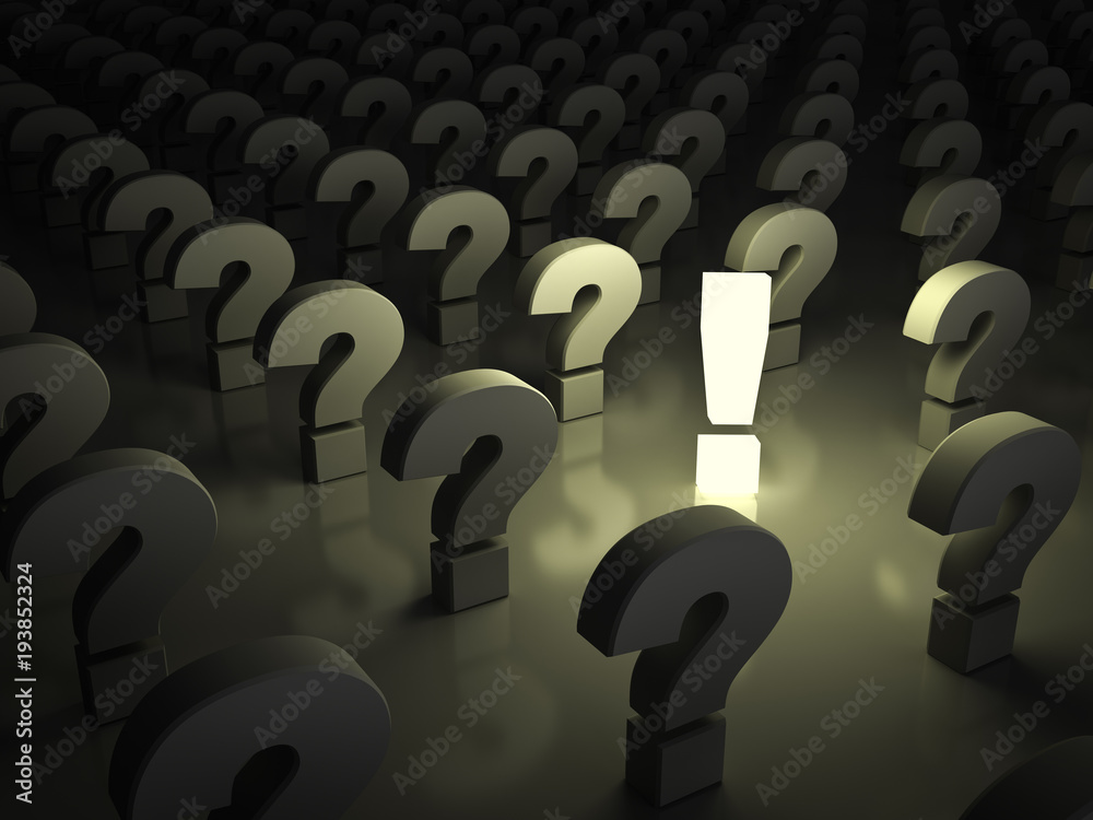 Poster one light exclamation mark standing out from question marks with reflection . 3d rendering.
