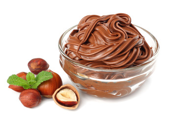 chocolate cream with hazelnut isolated on white background. cream in glass bowl