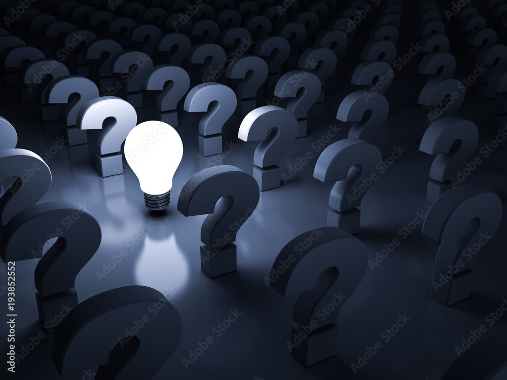 Fototapete one glowing idea light bulb shining among the question marks on dark blue background , individuality