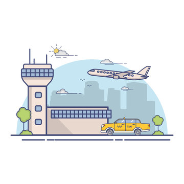Building airport terminal and city yellow taxi cab a city skyline.Concept of design banner in linear flat style a vector.City urban landscape.The flying jet passenger plane.Taxi service car.Line art