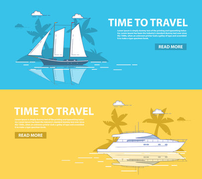 Sea cruise on sailing and motor yachts.The vehicle against background of the tropical island with palm trees and the sandy beach.A concept of design of a banner for travel companies flat vector

