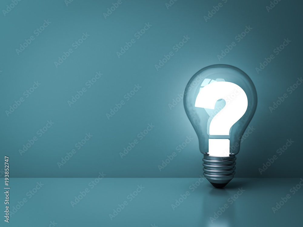 Leinwandbilder Question mark glowing in glass light bulb on dark green background with shadow and reflection . 3D rendering.