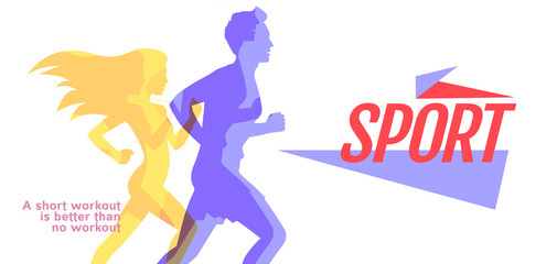Runners colorful silhouettes of running man and woman on white, sport and activity background, vector design template