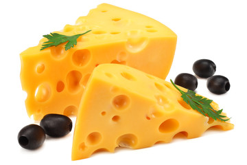 piece of cheese with olives isolated on white background