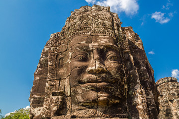Close up of the stone Buddah faces in the Bayon Temple at Angkor Complex, Siem Reap, Cambodia