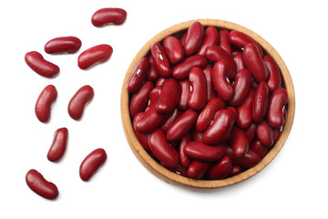 red kidney beans in wooden bowl isolated on white background. top view