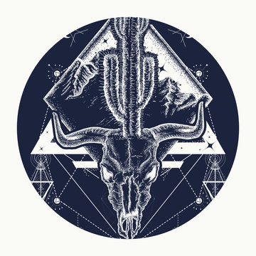 Bull skull, cactus, mountains, sacred geometry. Dream cather tattoo and t-shirt design. Psychodelic art