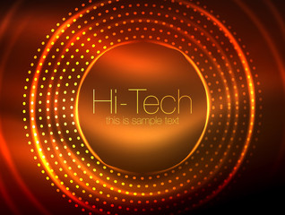 Magic neon circle shape abstract background, shiny light effect template for web banner, business or technology presentation background or elements, vector illustration