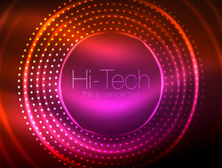 Magic neon circle shape abstract background, shiny light effect template for web banner, business or technology presentation background or elements, vector illustration