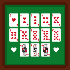 set of poker playing cards of heart suit on green table vector illustration vector illustration