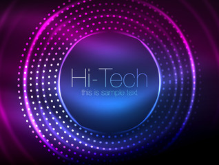 Magic neon circle shape abstract background, shiny light effect template for web banner, business or technology presentation background or elements, vector illustration