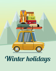 Winter holidays. Winter holidays in the mountains. Trip on a winter vacation in the mountains. The trip by car on winter vacation in the mountains. Flat style. Flat design. Vector illustration Eps10
