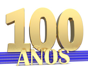 Golden number one hundred and the inscription years on the blue stairs with golden symbols endless knot. Translated from the Spanish - years. 3D illustration