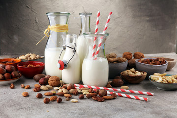 Alternative types of milks. Vegan substitute dairy milk.