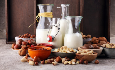 Alternative types of milks. Vegan substitute dairy milk.