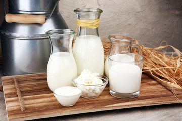 milk products. tasty healthy dairy products on a table on