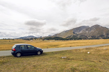 Fototapeta na wymiar car with the traveler stands on the roadside in a yellow field in zabljak in Montenegro in autumn