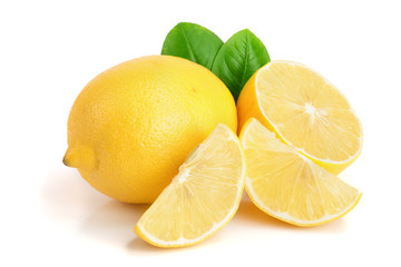 lemon and slice with leaf isolated on white background