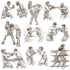 Fototapeta na wymiar Box. Boxing Sport. Collection of boxing positions of some sportmen, boxers. An hand drawn set on white. Isolated.