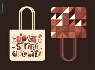 Love spring chocolate slogan - lettering composition with chocolate bonbons and cacao beans on the tote bags