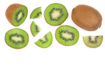 Kiwi fruit with slices isolated on white background with copy space for your text. Top view. Flat lay pattern