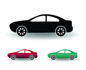 modern car icon black and white flat simple vector illustration with shadow, red and green color variants