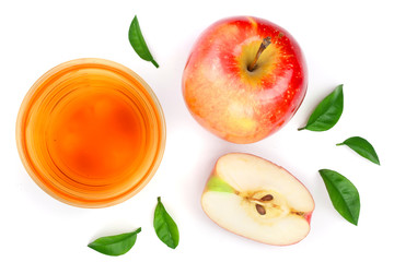 apple with juice and leaves isolated on white background top view. Flat lay pattern