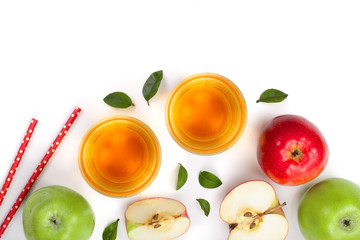apple with juice and leaves isolated on white background with copy space for your text. top view. Flat lay pattern