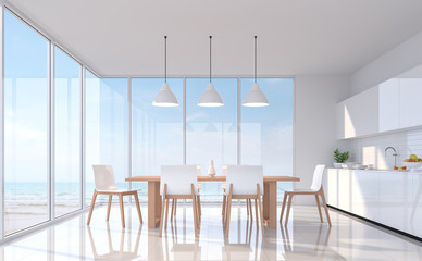 Modern white dining room with sea view 3d rendering image.There are white tile floor.Furnished with white and wood furniture.There are large window overlooks to sea view.