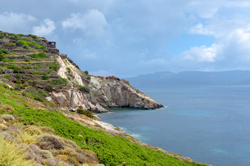 Beautiful coast of Milos island with view of Fourkovouni bay. Cyclades, Greece.