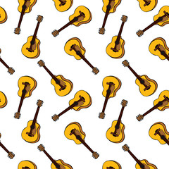 Naklejka premium hand-drawn brown classic guitar, seamless pattern