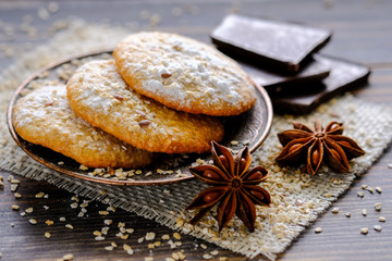 Homemade oat bran cookies on rustic background