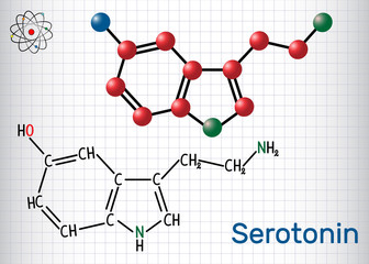 Serotonin molecule, is a monoamine neurotransmitter. Structural chemical formula and molecule model. Sheet of paper in a cage