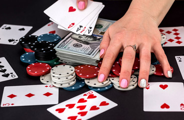 player with chips, cards and money