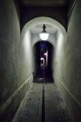 Fototapeta premium Wąskie przejście w deszczową noc oświetlone wiszącymi lampami.