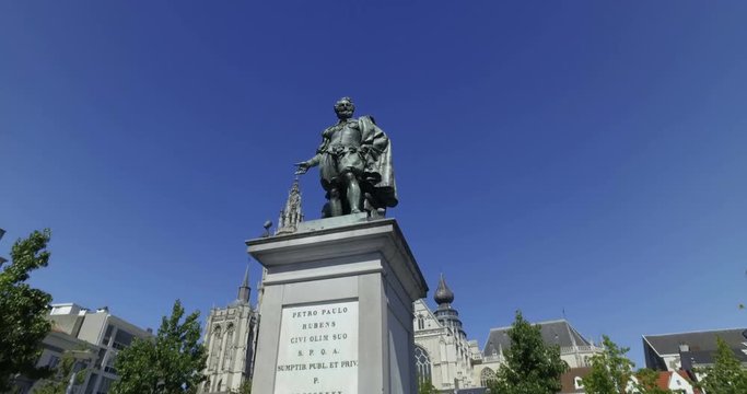 Rubens statue in Antwerp, Belgium  in a sunny day.Cinematic camera movement.
