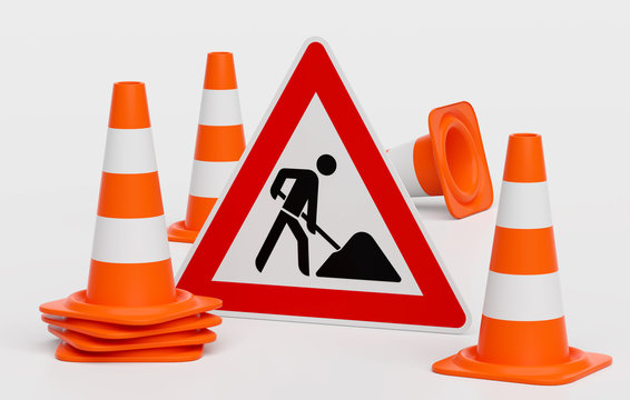 Gruppe von Pylone Pylonen Verkehrsh&uuml;tchen Leitkegeln - Stapel, stehend und liegend - mit Baustellenschild